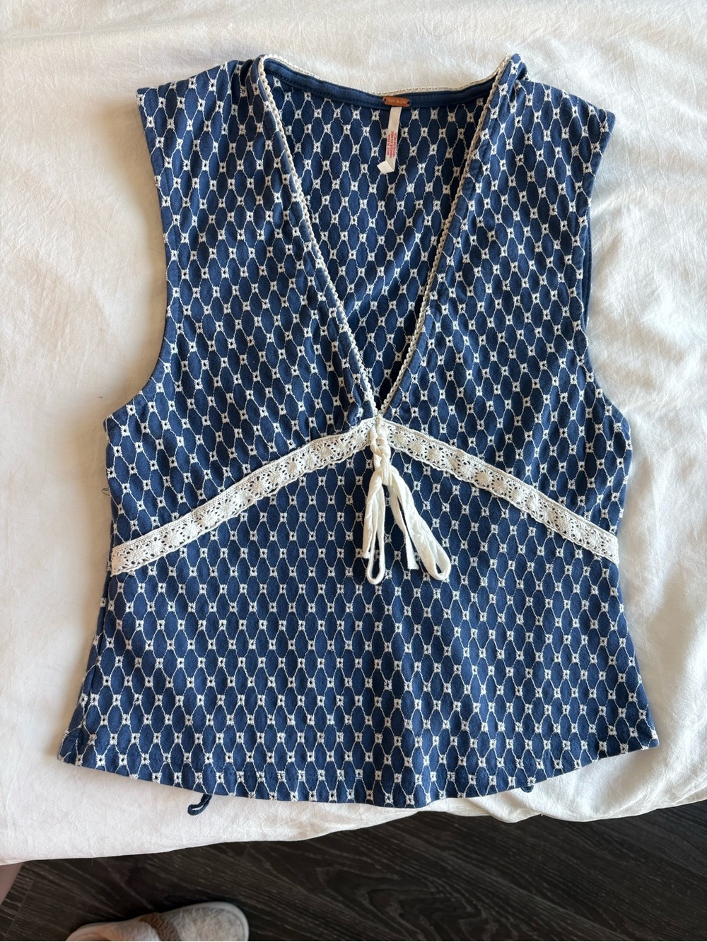 Free People Navy Geometric V-Neck Tassel Camisole with Cream Lace
